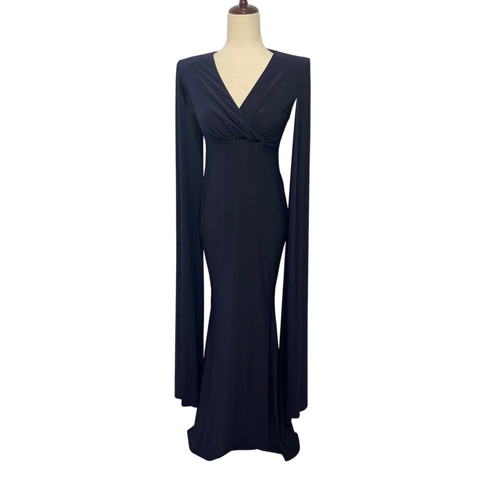 Club L London Navy Cape Sleeve Faux Wrap Mermaid Gown Women's 4 Maternity Formal
